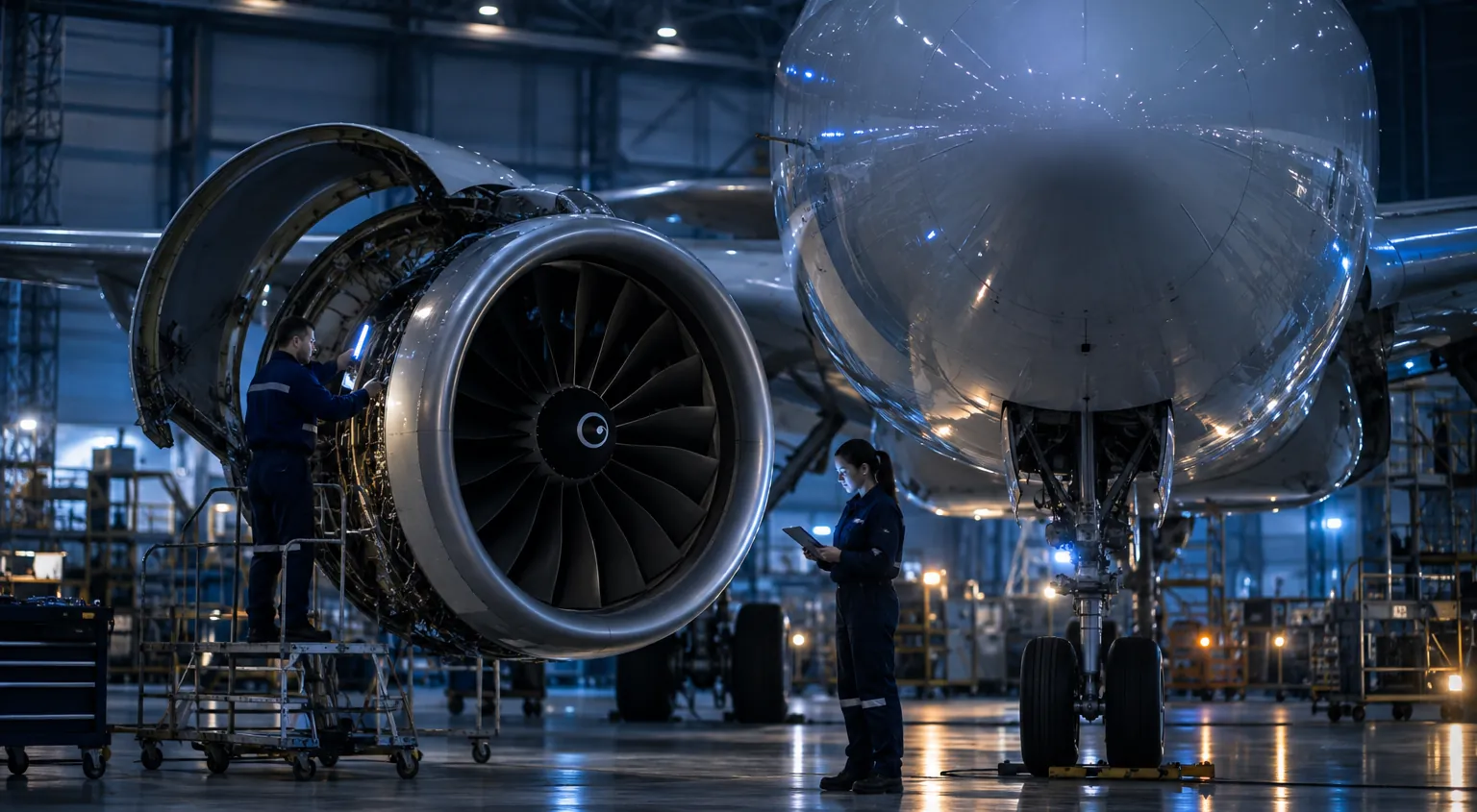 Engineer inspecting an aircraft engine in a hangar